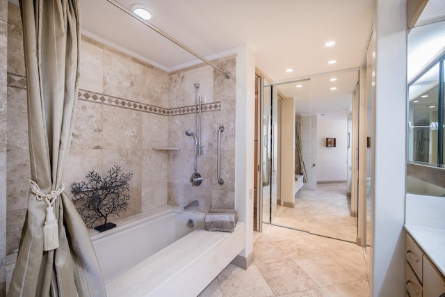 full bathroom with recessed lighting, vanity, and bathing tub / shower combination