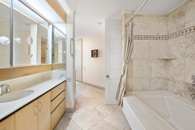 bathroom with tile patterned floors, shower / bath combination with curtain, and vanity