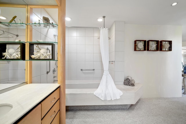 full bathroom featuring shower / bath combination with curtain, recessed lighting, and vanity