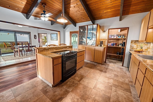 kitchen featuring sink, wood ceiling, ceiling fan, lofted ceiling with beams, and black range with electric cooktop