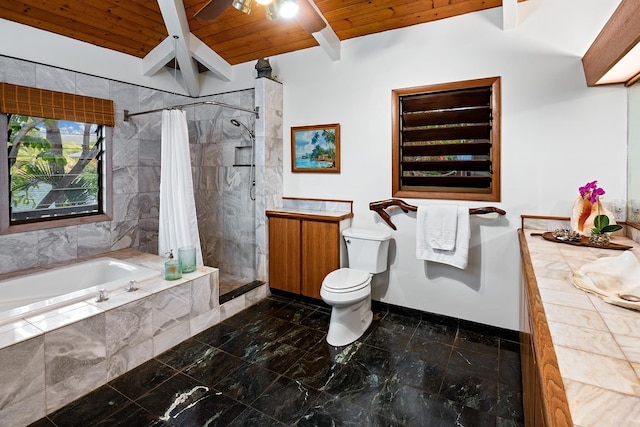 full bathroom featuring toilet, wood ceiling, shower with separate bathtub, ceiling fan, and beam ceiling