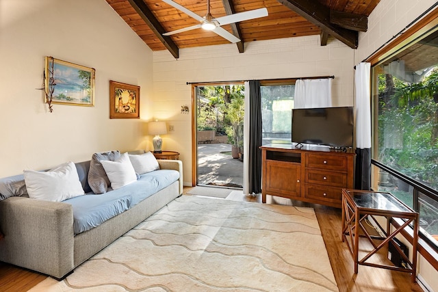 living room featuring vaulted ceiling with beams, ceiling fan, light hardwood / wood-style flooring, and wooden ceiling