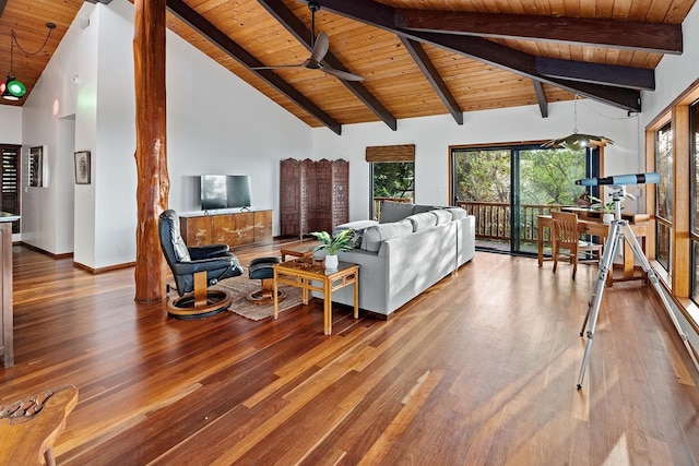 living room featuring high vaulted ceiling, hardwood / wood-style flooring, ceiling fan, wooden ceiling, and beam ceiling