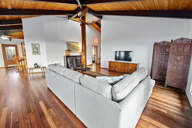 living room featuring high vaulted ceiling, beamed ceiling, wood-type flooring, ceiling fan, and wood ceiling