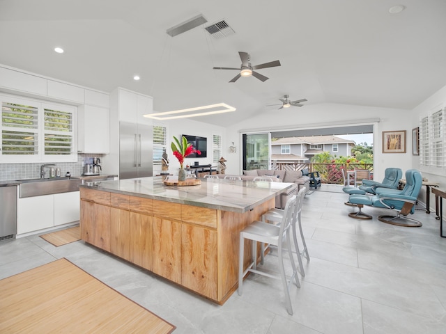 137 Hoohale St, Kihei, HI 96753 - kitchen with lofted ceiling, visible vents, modern cabinets, appliances with stainless steel finishes, and open floor plan