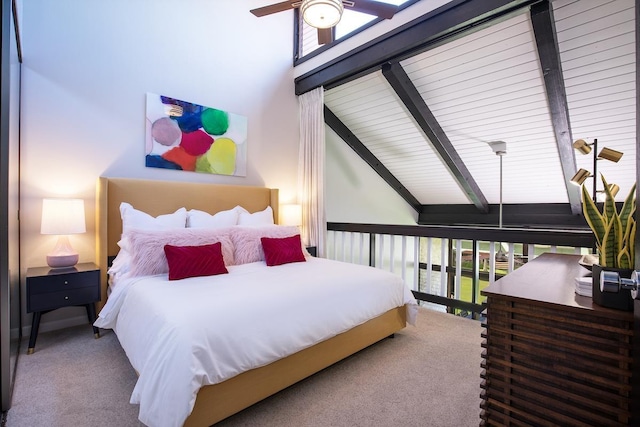 bedroom featuring beamed ceiling, carpet, high vaulted ceiling, and ceiling fan