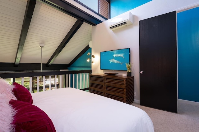 carpeted bedroom featuring beam ceiling, high vaulted ceiling, and a wall mounted AC