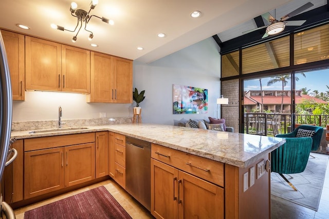 kitchen featuring kitchen peninsula, stainless steel dishwasher, light stone countertops, and sink