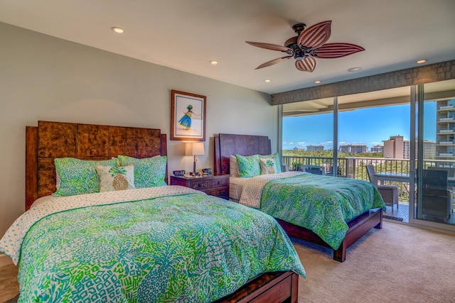 bedroom with light carpet, access to exterior, and ceiling fan