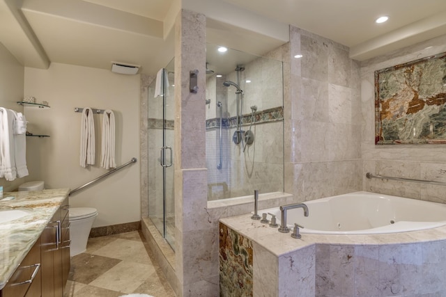 full bathroom featuring vanity, plus walk in shower, and toilet