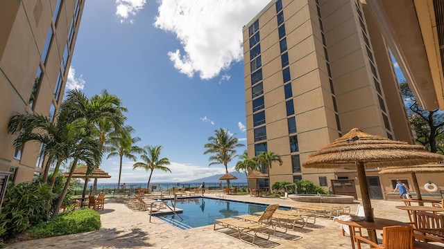 view of swimming pool featuring a patio