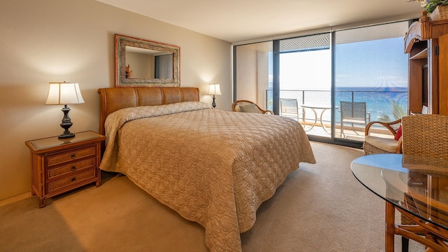 bedroom featuring a water view, carpet floors, and access to outside