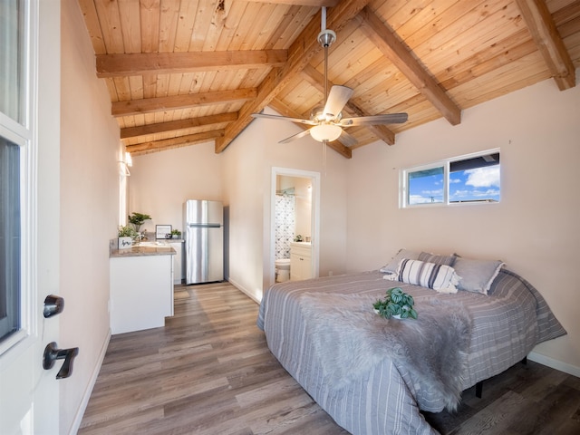 bedroom with ensuite bathroom, wood ceiling, light hardwood / wood-style floors, and stainless steel fridge