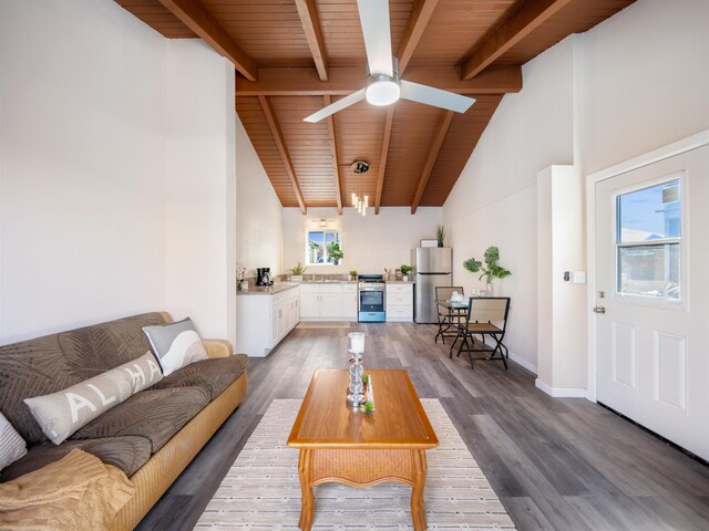 living room with dark hardwood / wood-style floors, ceiling fan, and wood ceiling