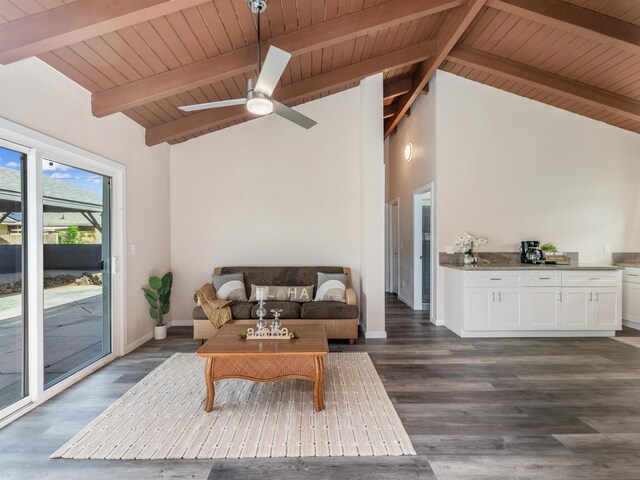 living room with wooden ceiling, dark hardwood / wood-style flooring, high vaulted ceiling, and beamed ceiling