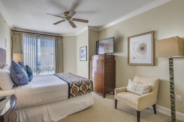 bedroom featuring a textured ceiling, baseboards, crown molding, and light colored carpet