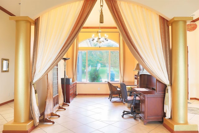 tiled office space with a notable chandelier and ornate columns