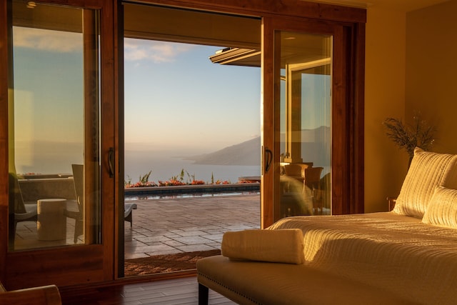 bedroom featuring a mountain view and wood-type flooring