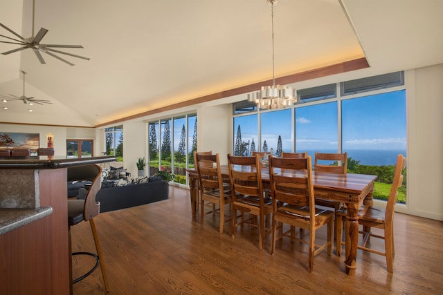 dining room with a healthy amount of sunlight, lofted ceiling, and wood-type flooring