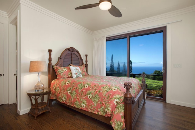 bedroom with ceiling fan, access to exterior, crown molding, and dark hardwood / wood-style floors