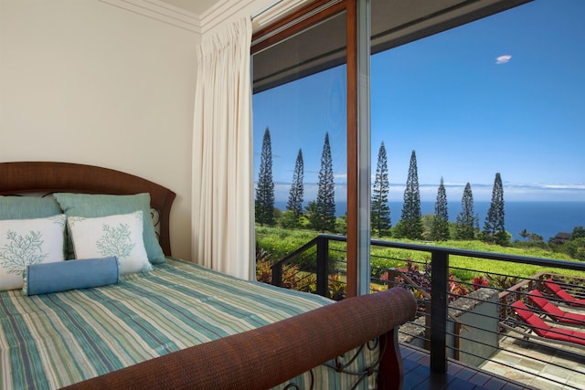 bedroom with a water view and crown molding