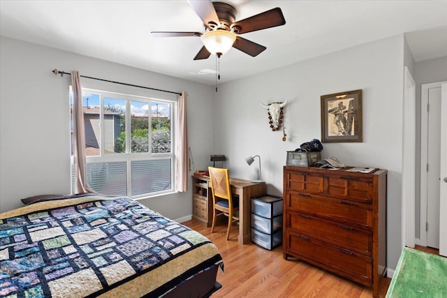 bedroom featuring ceiling fan and light wood-type flooring