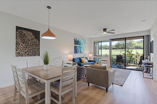 dining area featuring ceiling fan and light hardwood / wood-style flooring