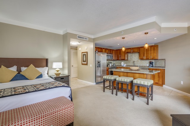bedroom featuring stainless steel fridge with ice dispenser, light carpet, a sink, visible vents, and crown molding