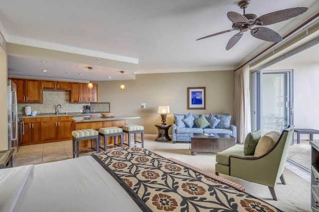 living room featuring recessed lighting, light tile patterned flooring, and ceiling fan