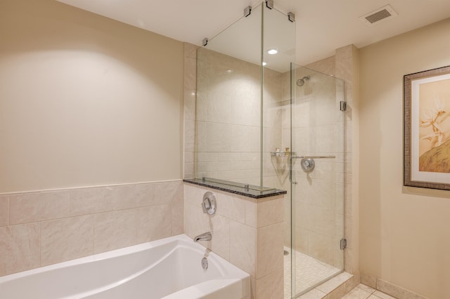 full bath with a garden tub, a stall shower, recessed lighting, and visible vents