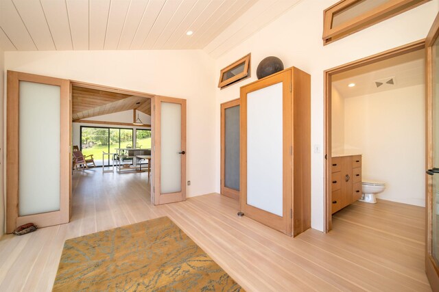 40723 Hana Hwy, Hana, HI 96713 - corridor with vaulted ceiling, wooden ceiling, and light hardwood / wood-style floors