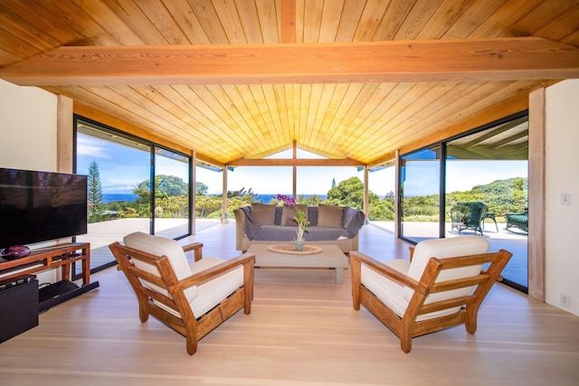 sunroom featuring wooden ceiling