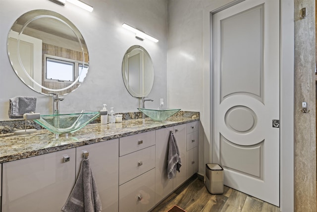 bathroom with wood-type flooring and vanity