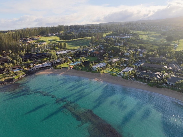 aerial view featuring a view of the beach and a water view