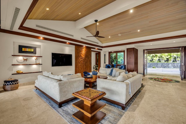 34 Ualei Pl, Kihei, HI 96753 - living room with recessed lighting, lofted ceiling with beams, wood ceiling, ceiling fan, and visible vents