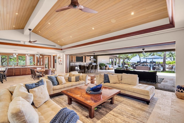 34 Ualei Pl, Kihei, HI 96753 - living room with a wealth of natural light, ceiling fan, and wood ceiling