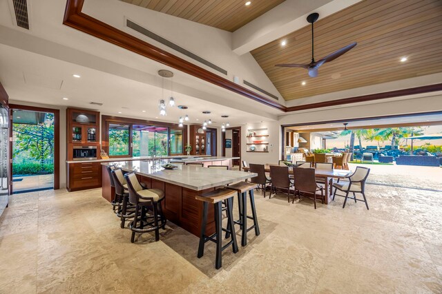 34 Ualei Pl, Kihei, HI 96753 - dining space with wood ceiling, visible vents, recessed lighting, a ceiling fan, and vaulted ceiling with beams