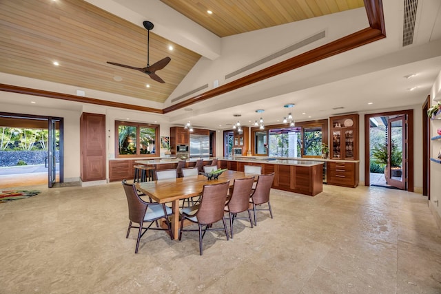 34 Ualei Pl, Kihei, HI 96753 - dining space with recessed lighting, visible vents, wooden ceiling, and high vaulted ceiling