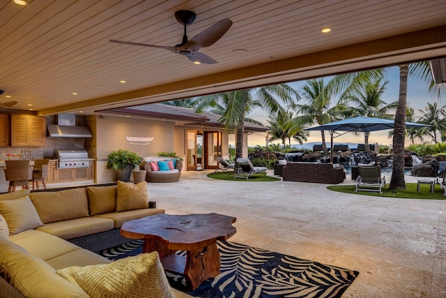 34 Ualei Pl, Kihei, HI 96753 - view of patio featuring grilling area, ceiling fan, an outdoor living space, and an outdoor kitchen