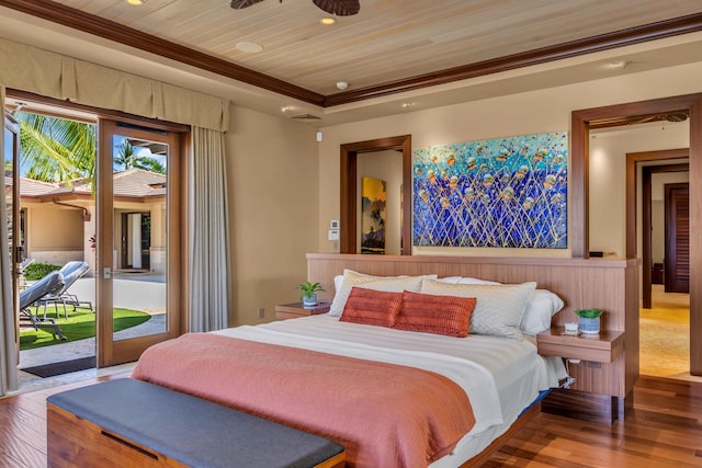 34 Ualei Pl, Kihei, HI 96753 - bedroom featuring crown molding, a raised ceiling, recessed lighting, wood finished floors, and access to outside