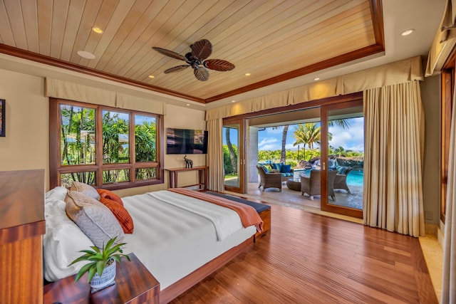 34 Ualei Pl, Kihei, HI 96753 - bedroom with multiple windows, wood finished floors, access to exterior, and wooden ceiling