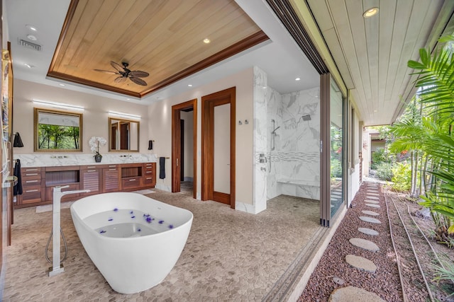 34 Ualei Pl, Kihei, HI 96753 - bathroom featuring a soaking tub, visible vents, a tray ceiling, wooden ceiling, and vanity