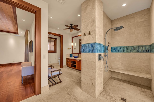 34 Ualei Pl, Kihei, HI 96753 - full bath featuring ceiling fan, toilet, recessed lighting, a walk in shower, and vanity
