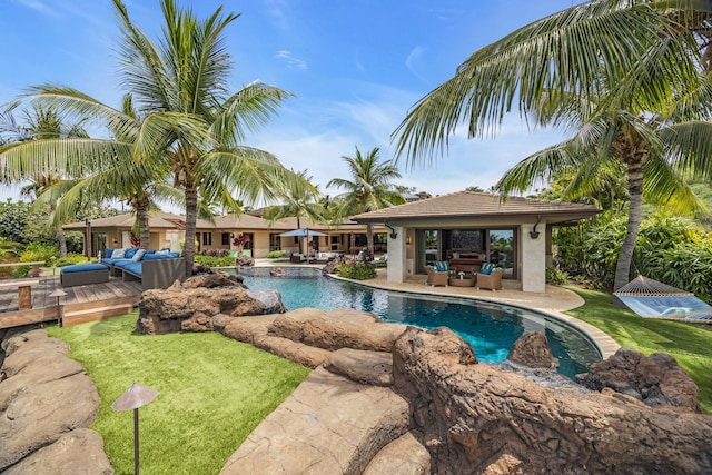 34 Ualei Pl, Kihei, HI 96753 - pool featuring an outdoor hangout area, a patio, a yard, and a wooden deck