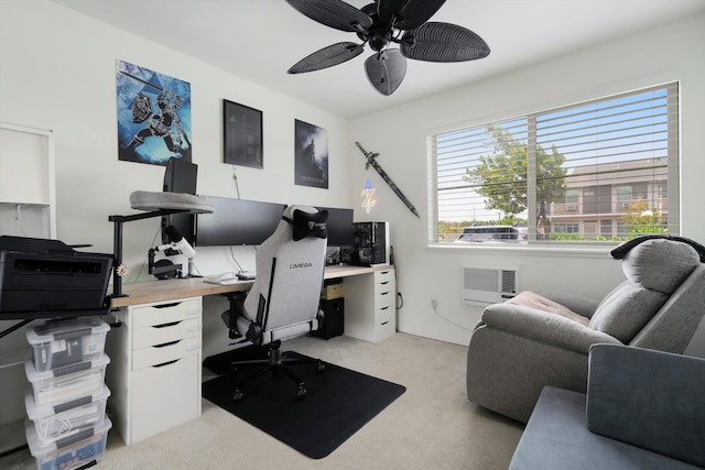 office area with ceiling fan and light colored carpet