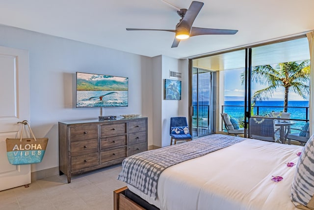 tiled bedroom featuring a ceiling fan, baseboards, visible vents, access to exterior, and floor to ceiling windows