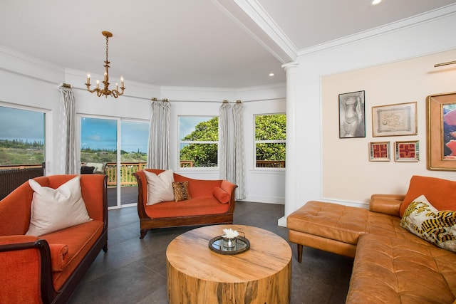 living room with crown molding and a chandelier