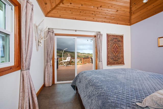 bedroom featuring access to outside, wooden ceiling, and vaulted ceiling