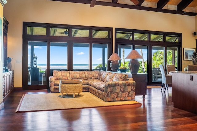 living room featuring plenty of natural light, a water view, and dark wood finished floors