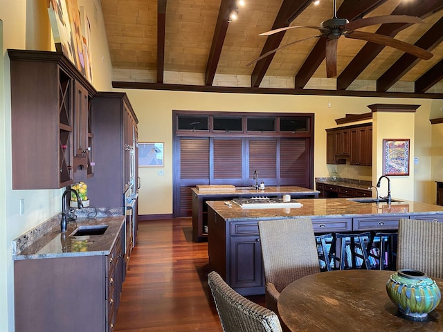 kitchen featuring a kitchen island with sink, light stone counters, dark wood finished floors, and a sink